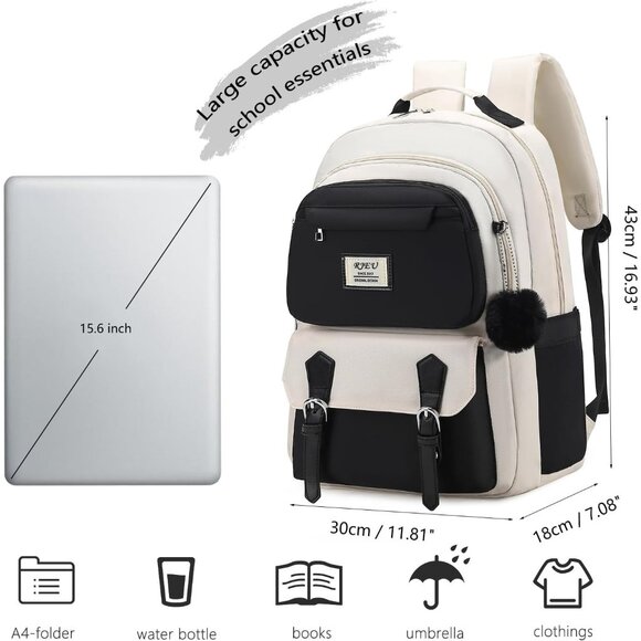 Girls Black Beige 15.6in Laptop Kids Backpack For Middle School College Students - Picture 4 of 7